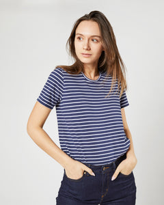 Short-Sleeved Relaxed Tee in Navy/White Stripe Jersey