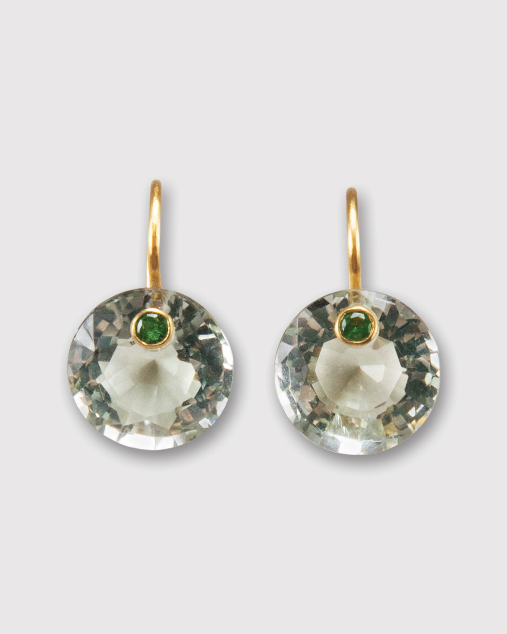 Small Round Gem Earrings in Green Quartz/Tsavorite