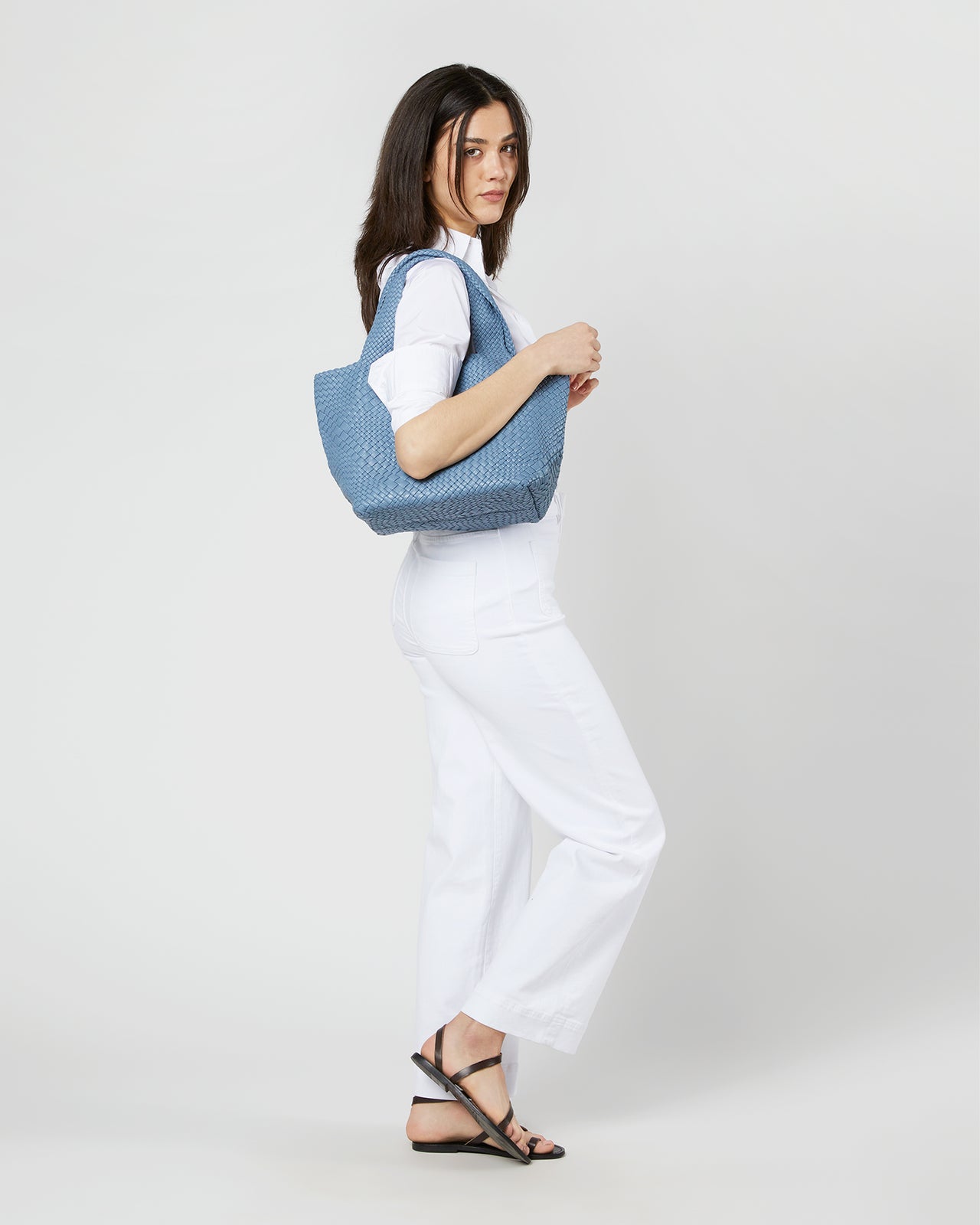 Mercato Handwoven Tote in Steel Blue Leather