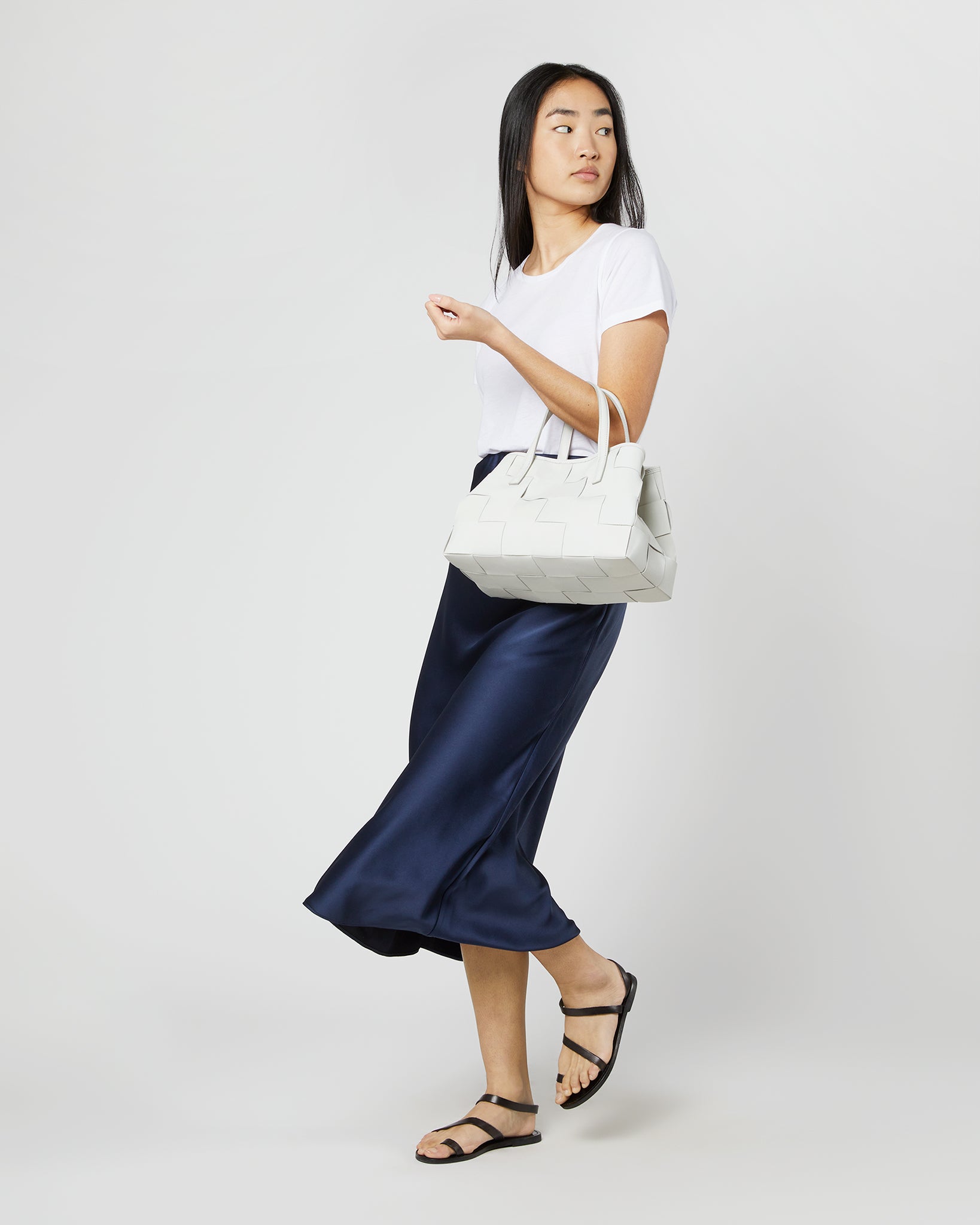 Wide Woven Satchel Bag in Cloud Leather