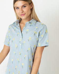 Short-Sleeved Popover Dress in Blue/Yellow Fil Coupé Floral Gingham Taffeta