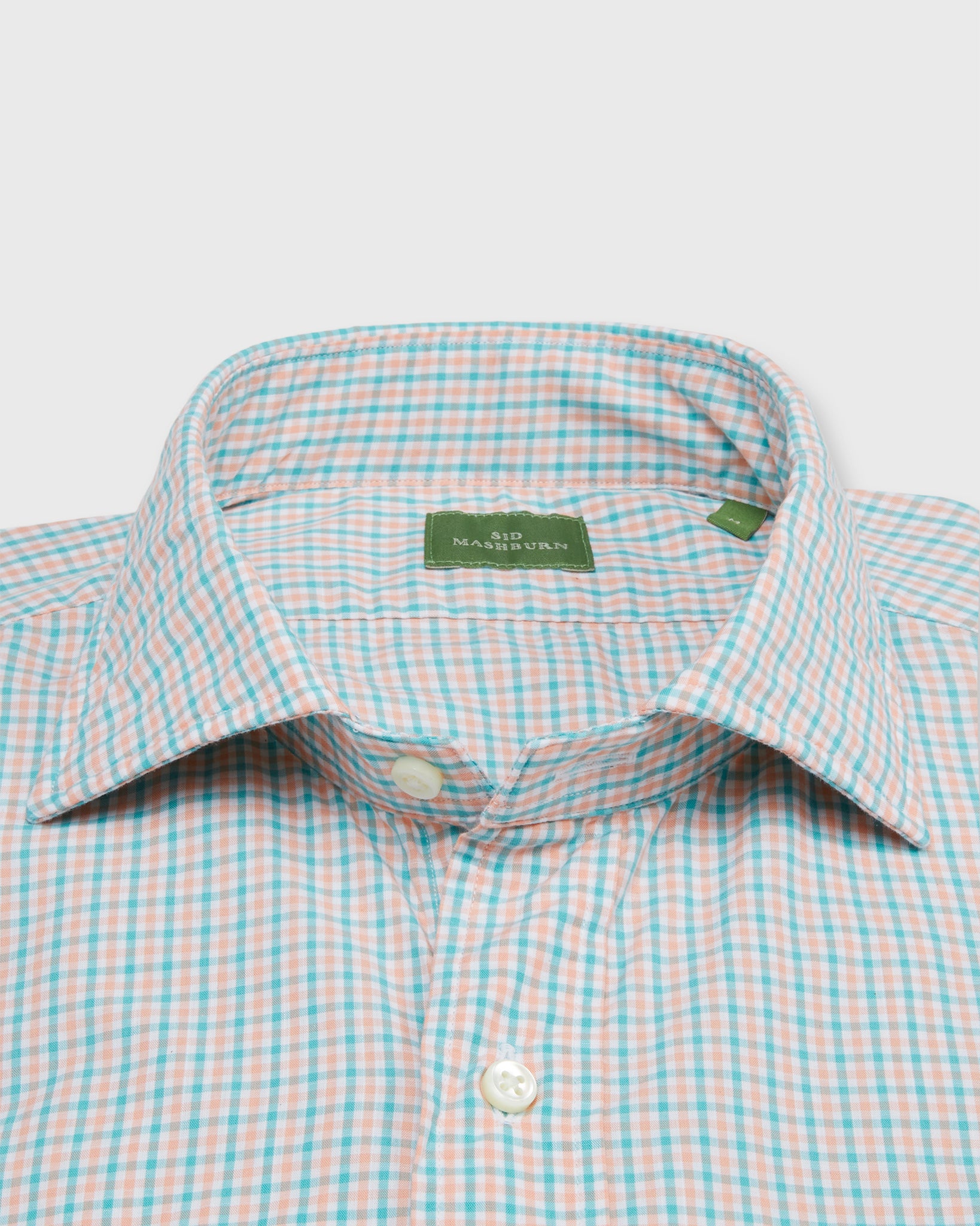 Spread Collar Sport Shirt in Peach/River Tattersall Poplin