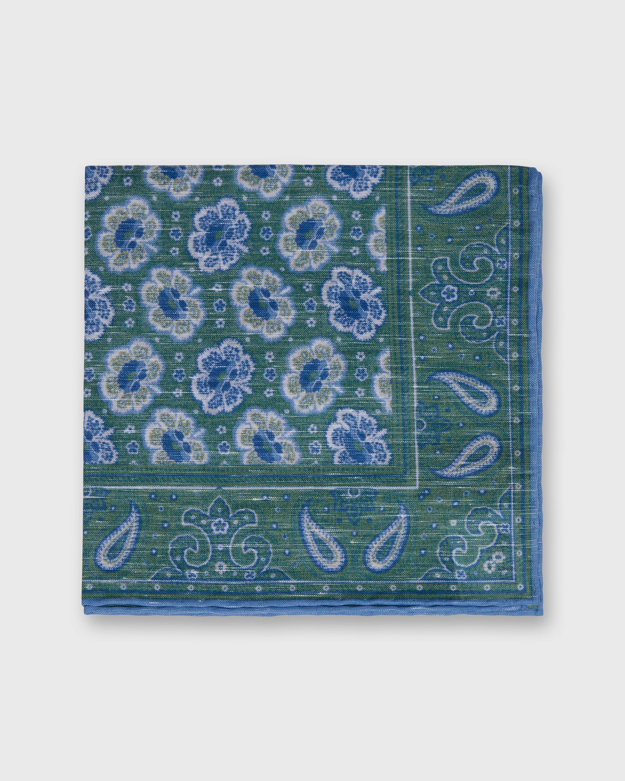 Hand-Rolled Linen/Cotton Print Pocket Square in Green/Blue Paisley