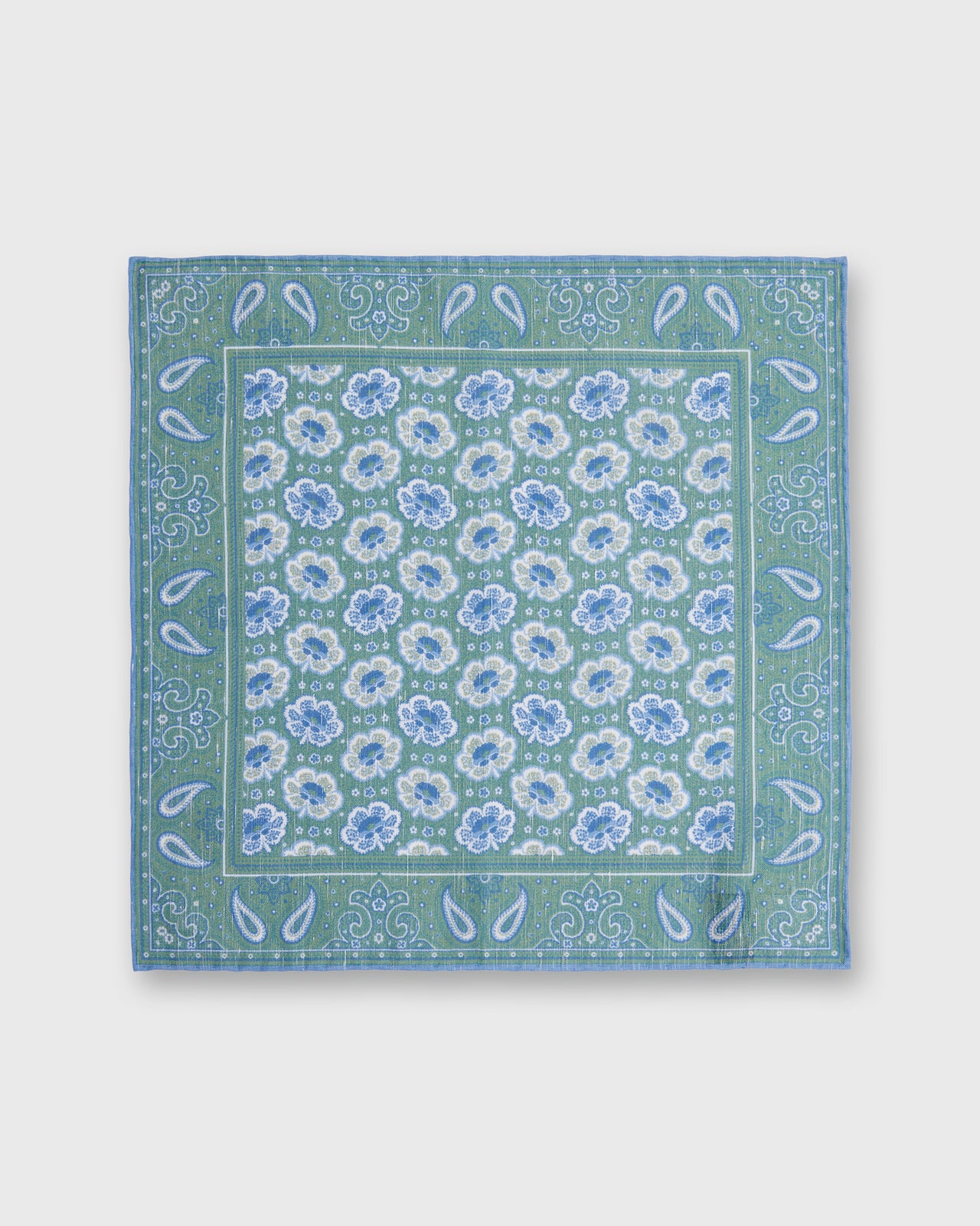 Hand-Rolled Linen/Cotton Print Pocket Square in Green/Blue Paisley