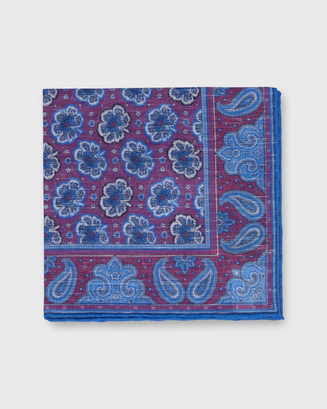 Hand-Rolled Linen/Cotton Print Pocket Square in Dark Pink/Blue Paisley