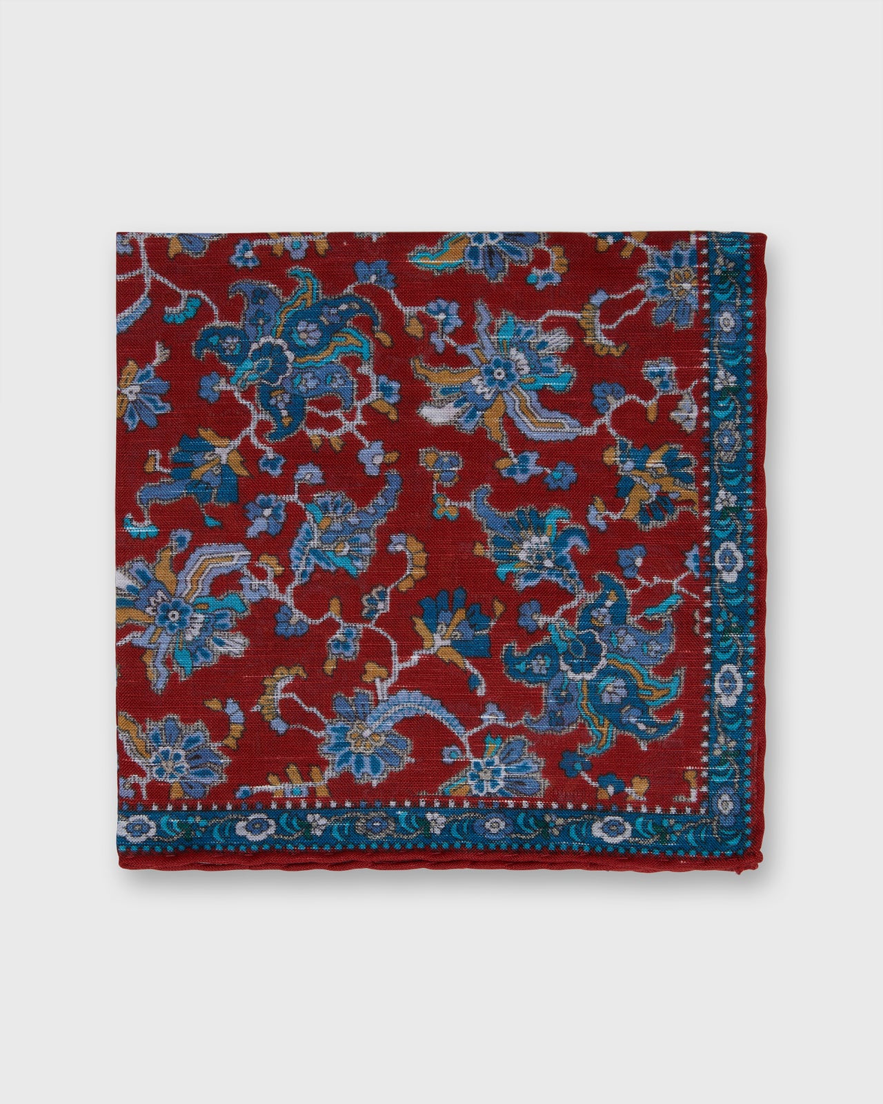 Hand-Rolled Linen/Cotton Print Pocket Square in Red/Blue Large Floral
