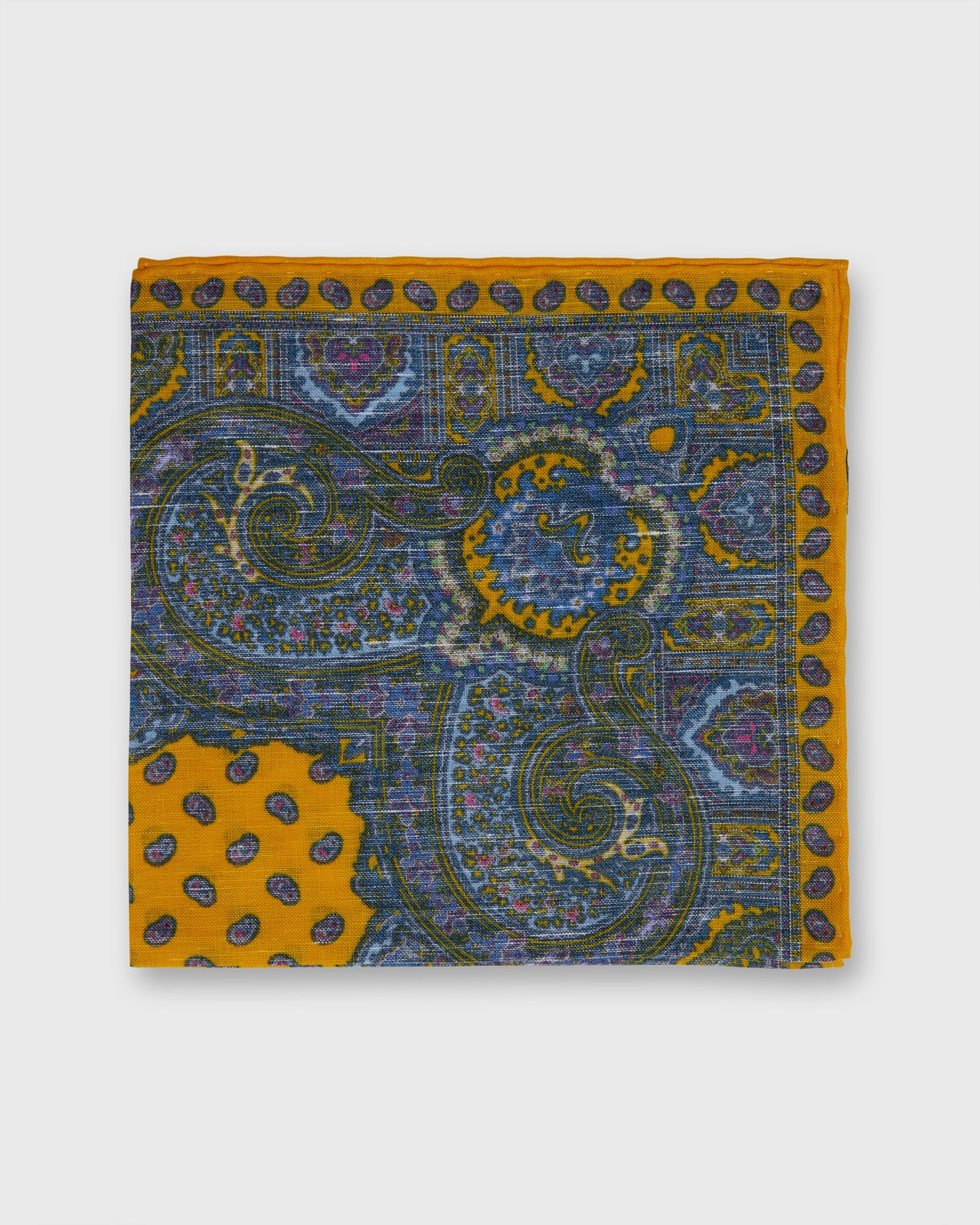 Hand-Rolled Linen/Cotton Print Pocket Square in Yellow Paisley