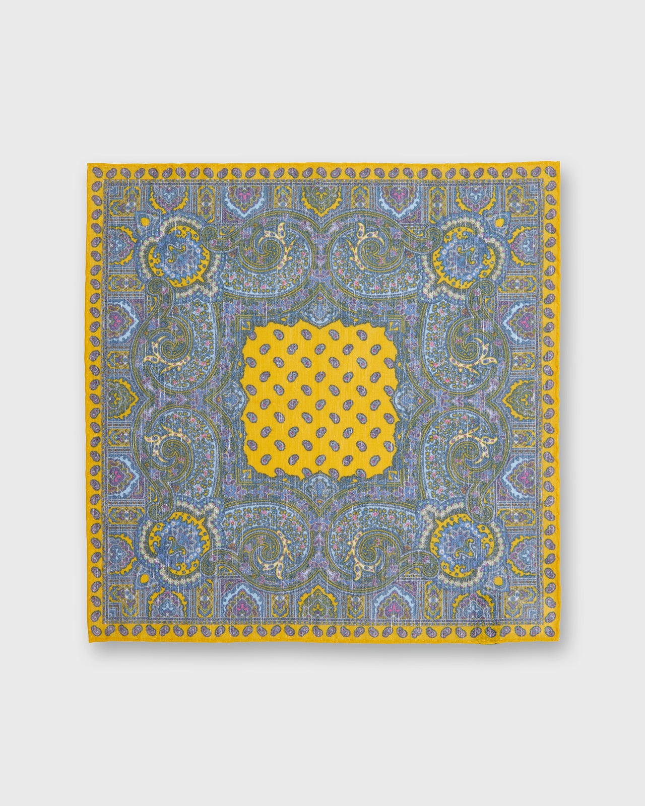 Hand-Rolled Linen/Cotton Print Pocket Square in Yellow Paisley