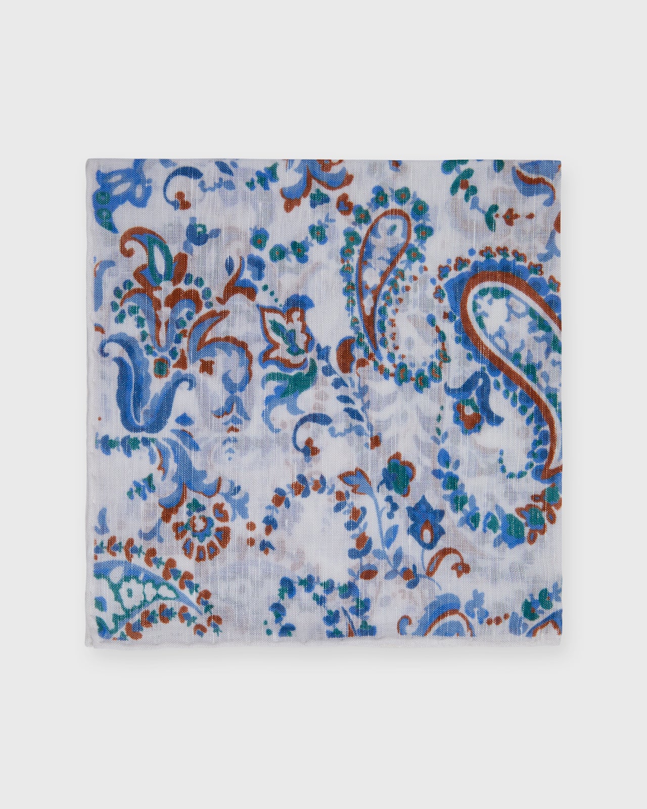 Hand-Rolled Linen/Cotton Print Pocket Square in Bone/Blue/Tan Paisley Floral