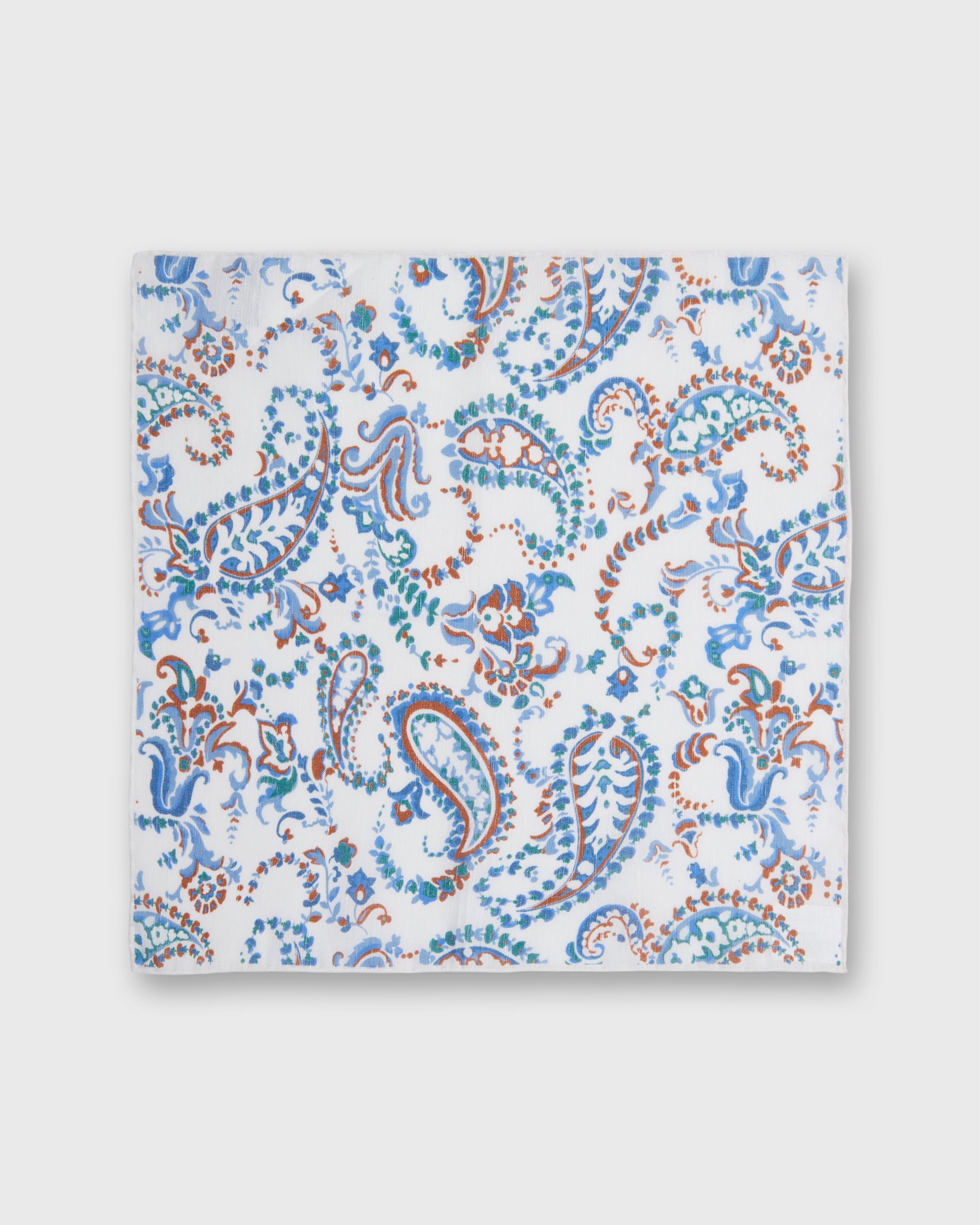 Linen/Cotton Print Pocket Square in Bone/Blue/Tan Paisley Floral