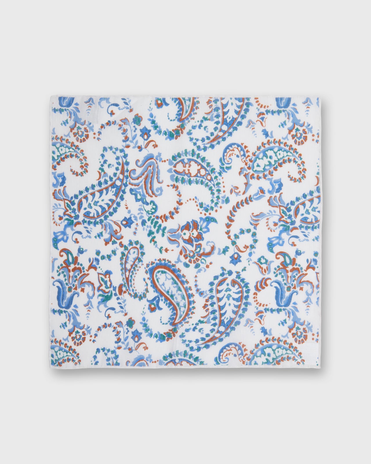 Hand-Rolled Linen/Cotton Print Pocket Square in Bone/Blue/Tan Paisley Floral
