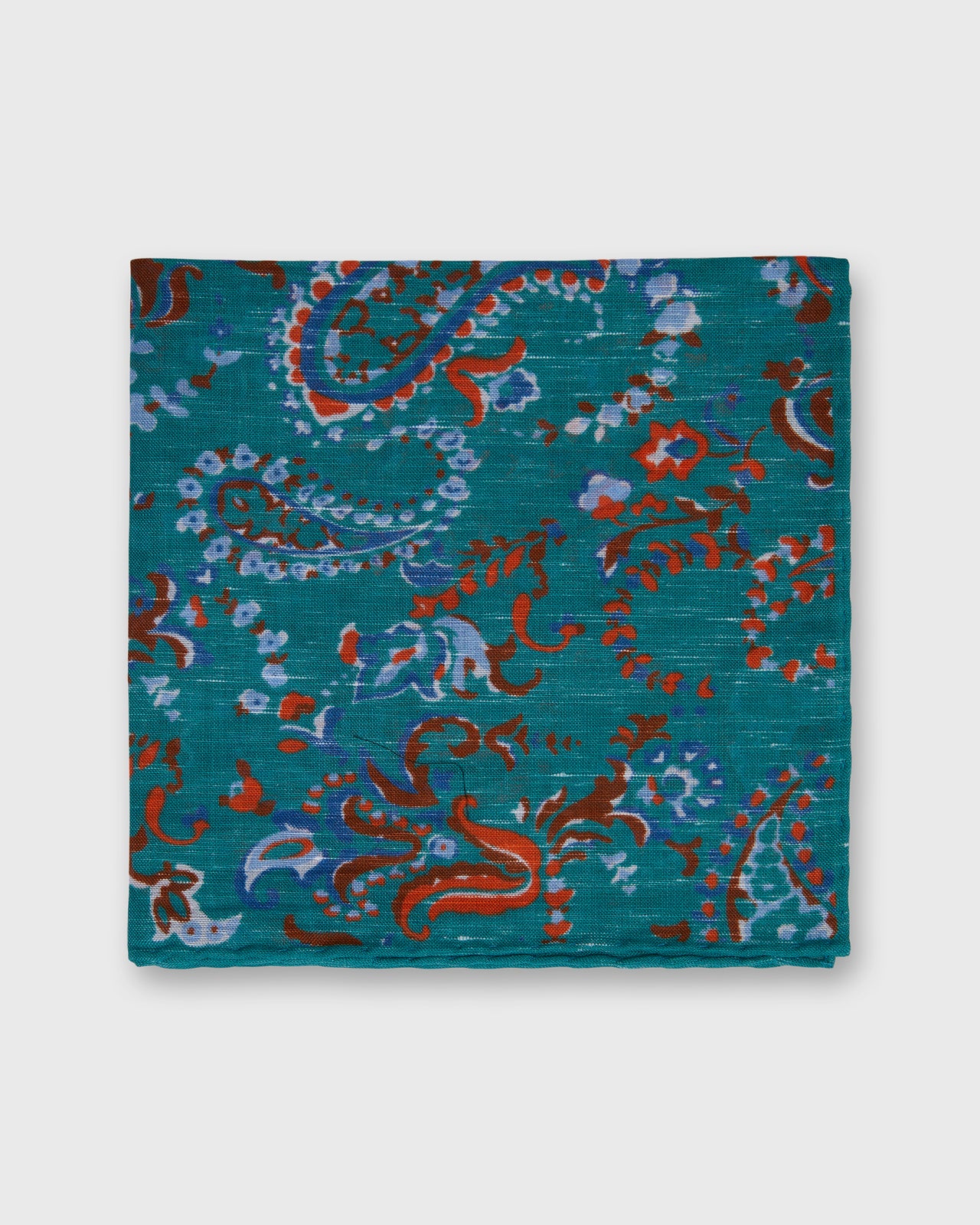 Hand-Rolled Linen/Cotton Print Pocket Square in River/Orange Paisley Floral