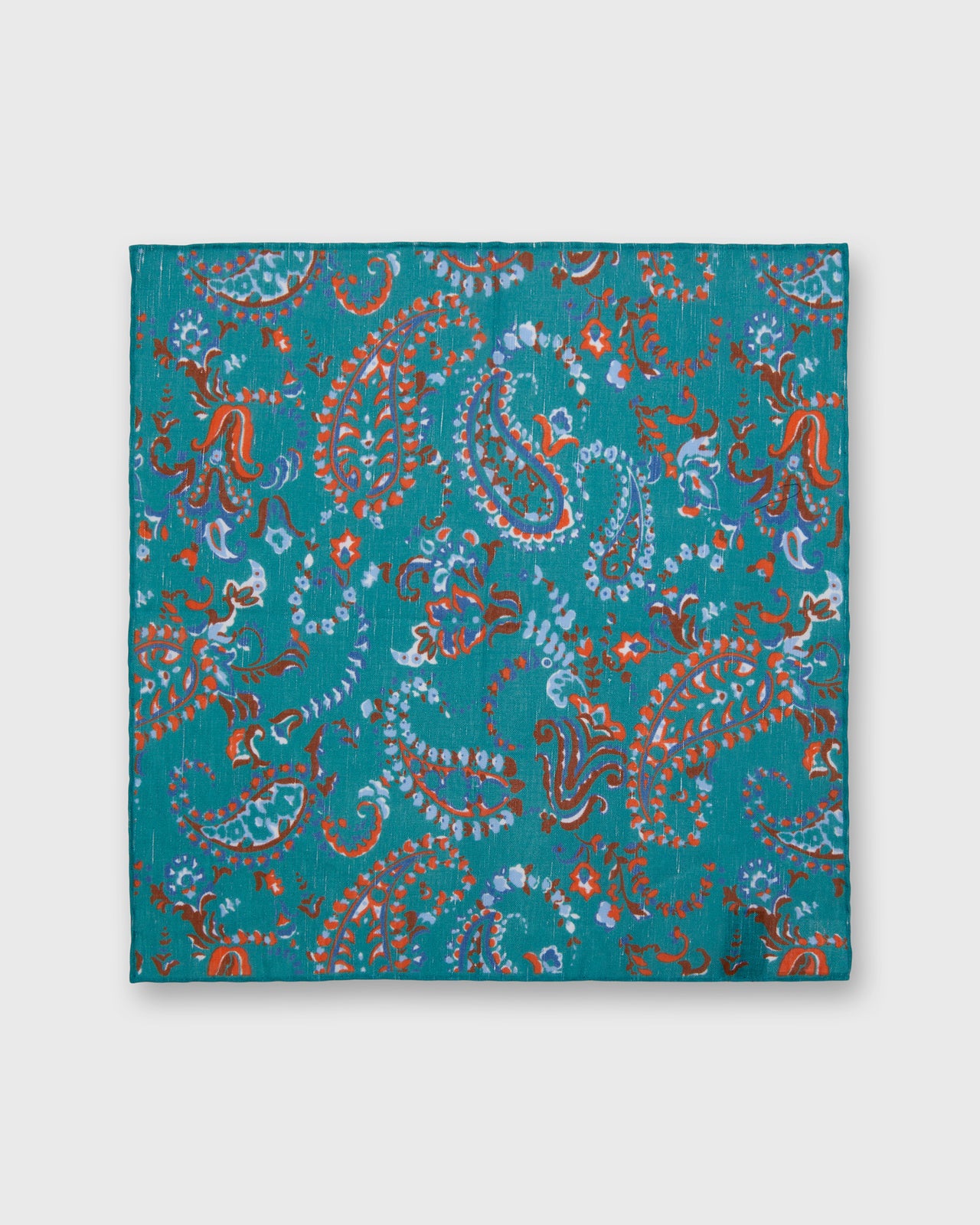 Hand-Rolled Linen/Cotton Print Pocket Square in River/Orange Paisley Floral