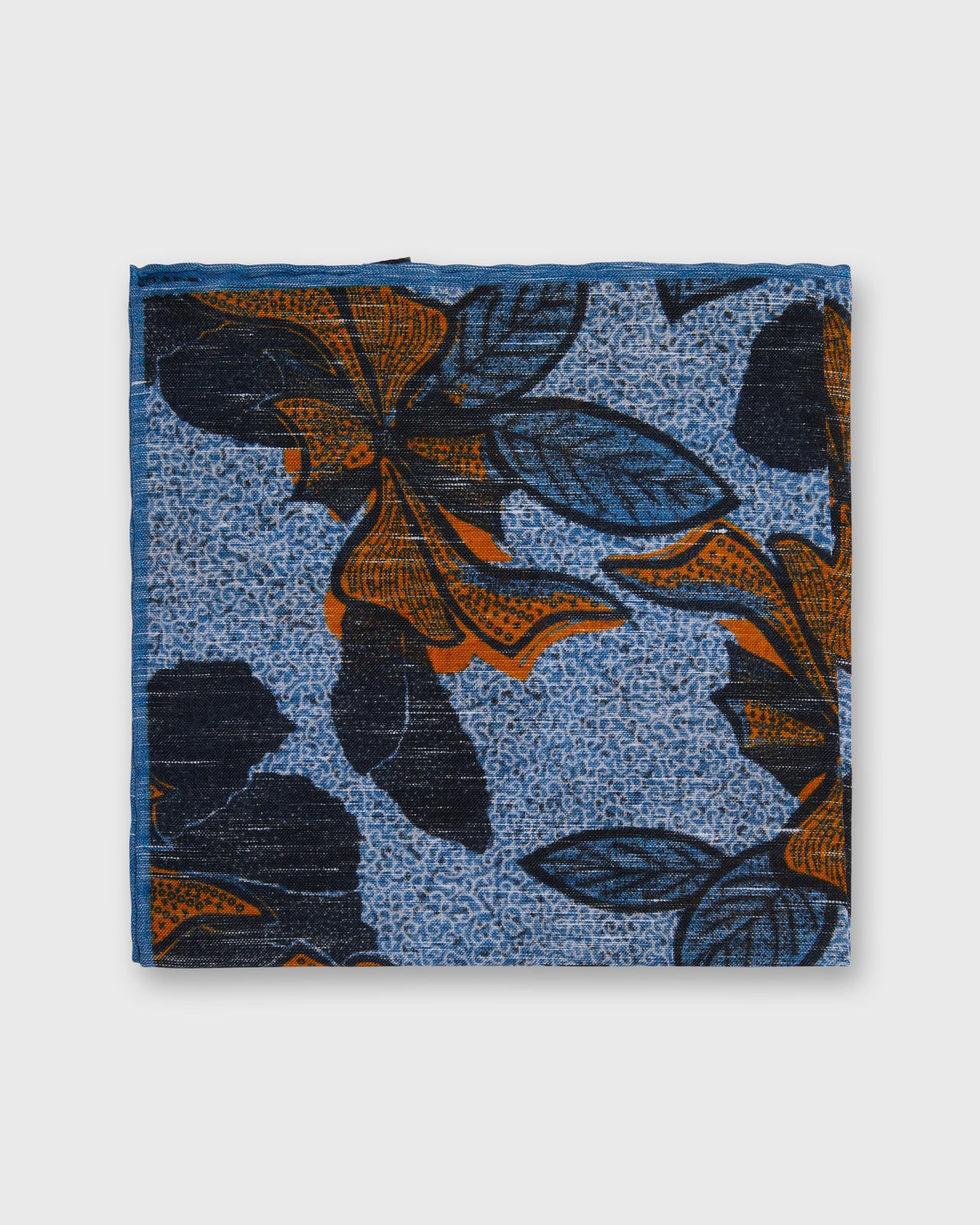 Hand-Rolled Linen/Cotton Print Pocket Square in Blue/Gold Large Flower
