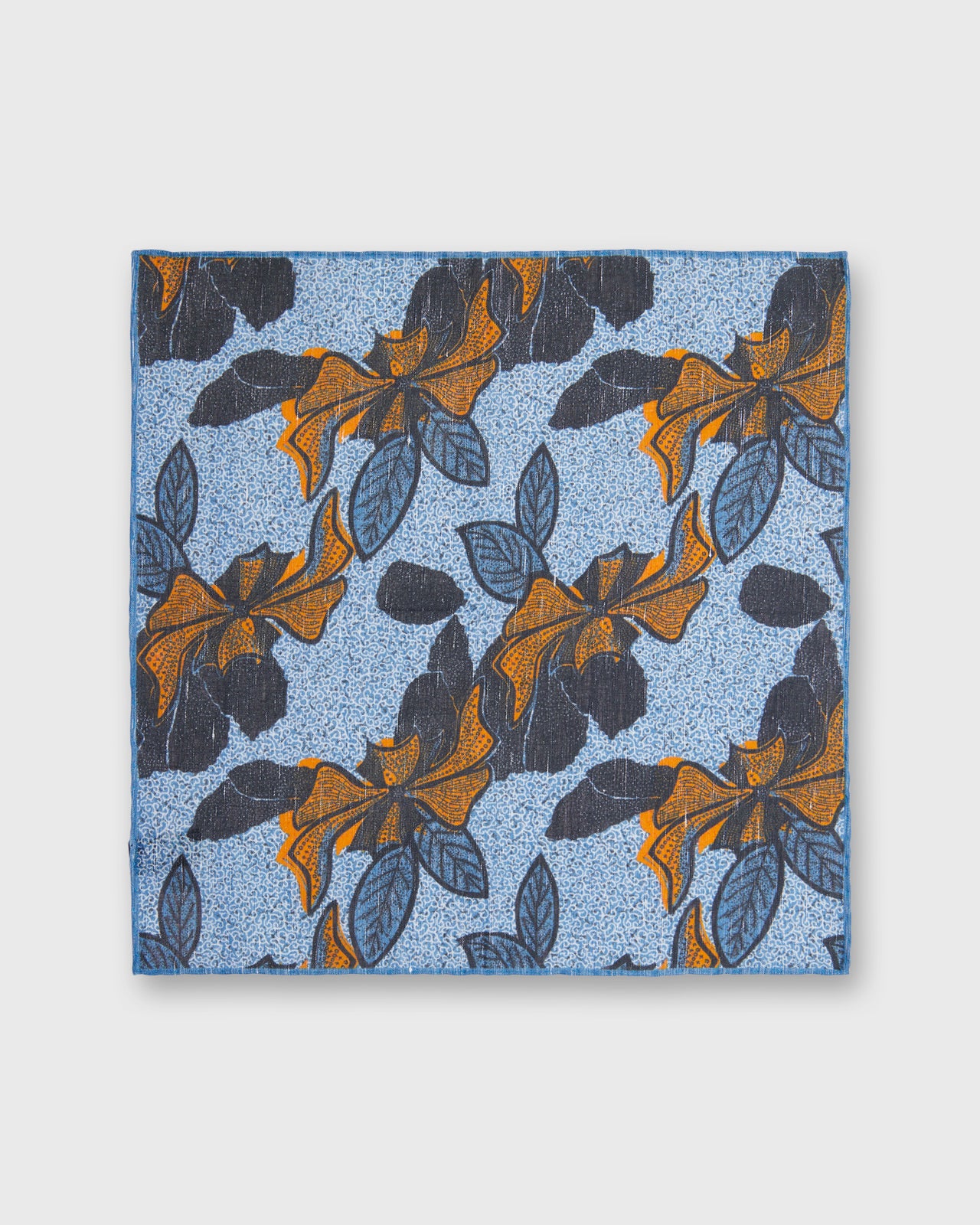 Hand-Rolled Linen/Cotton Print Pocket Square in Blue/Gold Large Flower