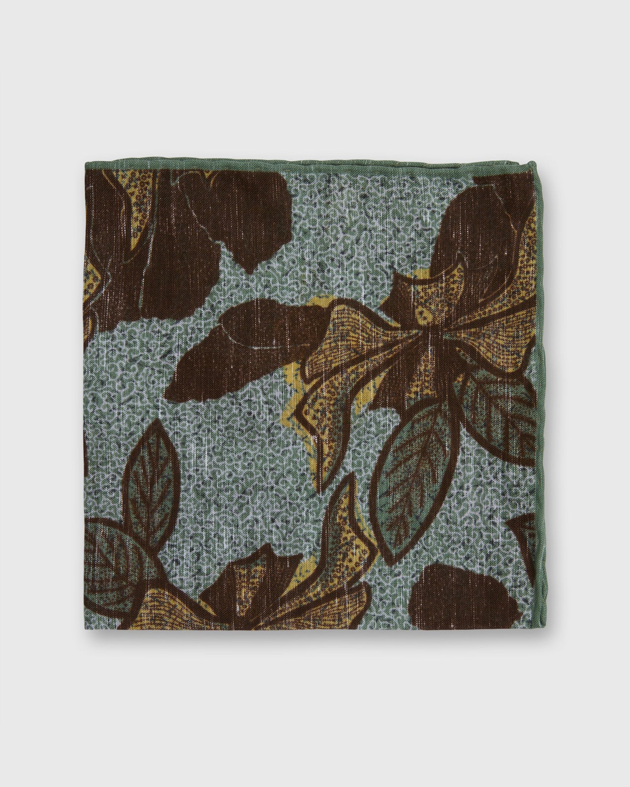 Hand-Rolled Linen/Cotton Print Pocket Square in Sage/Brown Large Flower