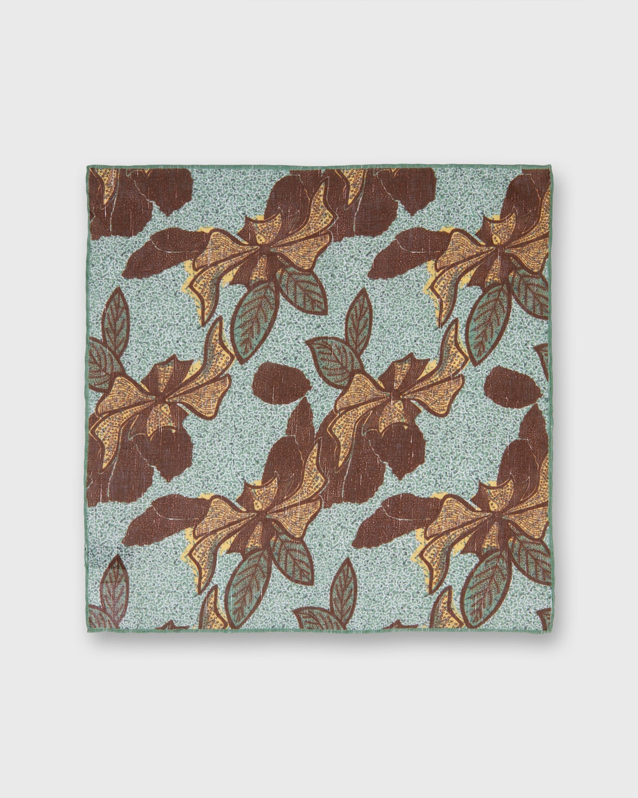 Hand-Rolled Linen/Cotton Print Pocket Square in Sage/Brown Large Flower