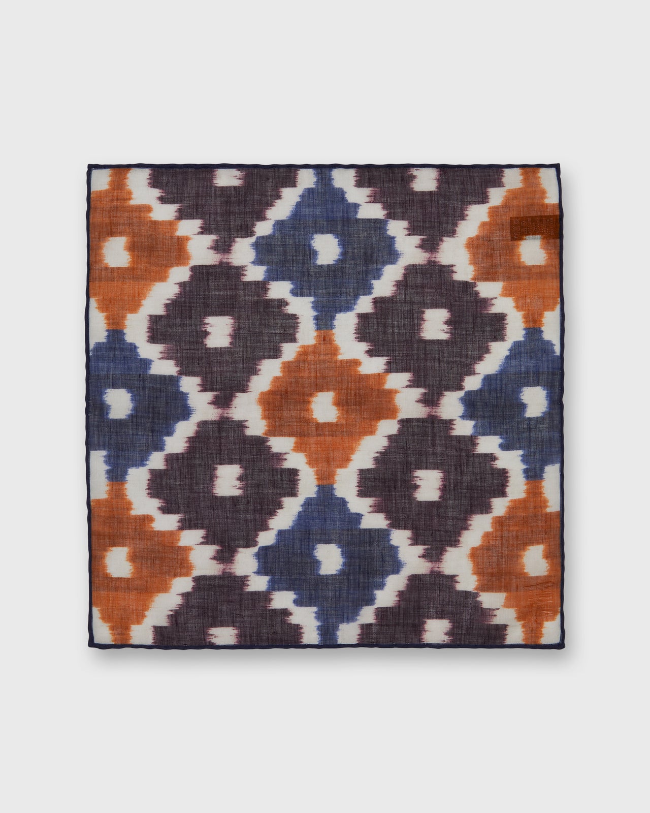 Hand-Rolled Cotton/Linen Print Pocket Square in Ginger/Navy Ikat