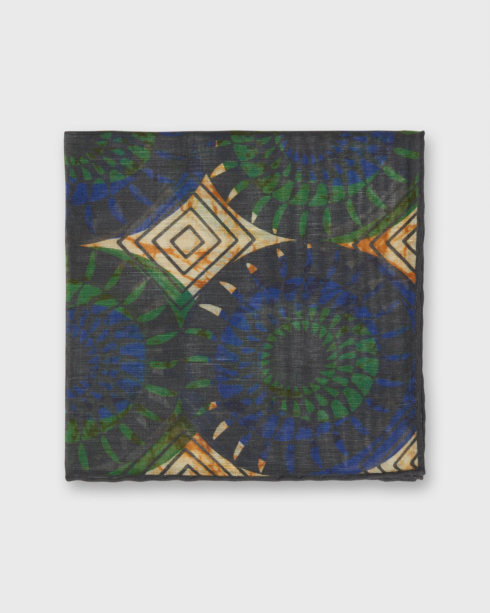 Cotton/Linen Print Pocket Square in Blue/Green Abstract Spiral